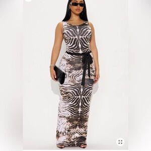 NWT Animal Print Maxi Dress with Tie Waist - Black & Brown